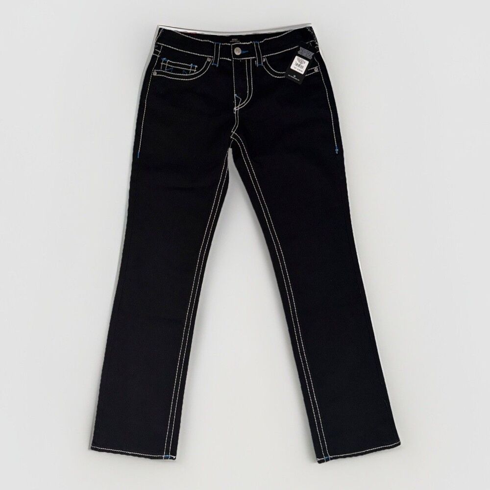 True Religion Jeans Men's Black Ricky Big T Blue Stitch Straight Denim NWT - Picture 3 of 5
